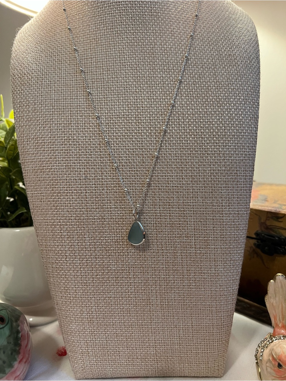 Silver Teardrop Pendant Necklace - Sea Glass Seafoam Green